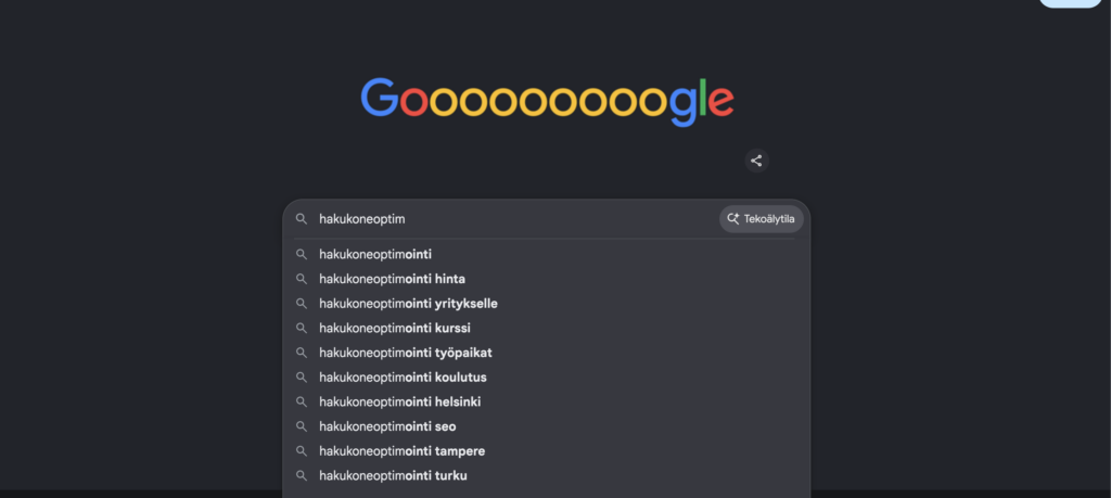 Googlen hakukenttä, joka tarjoaa täydentäviä ehdotuksia haulle "hakukoneoptimointi". Käyttäjä alkaa kirjoittaa hakusanaa, ja hakukone "arvaa", mitä hän on hakemassa. Tämä tarjoaa hyviä ideoita hakusanojen määrittämiseen.