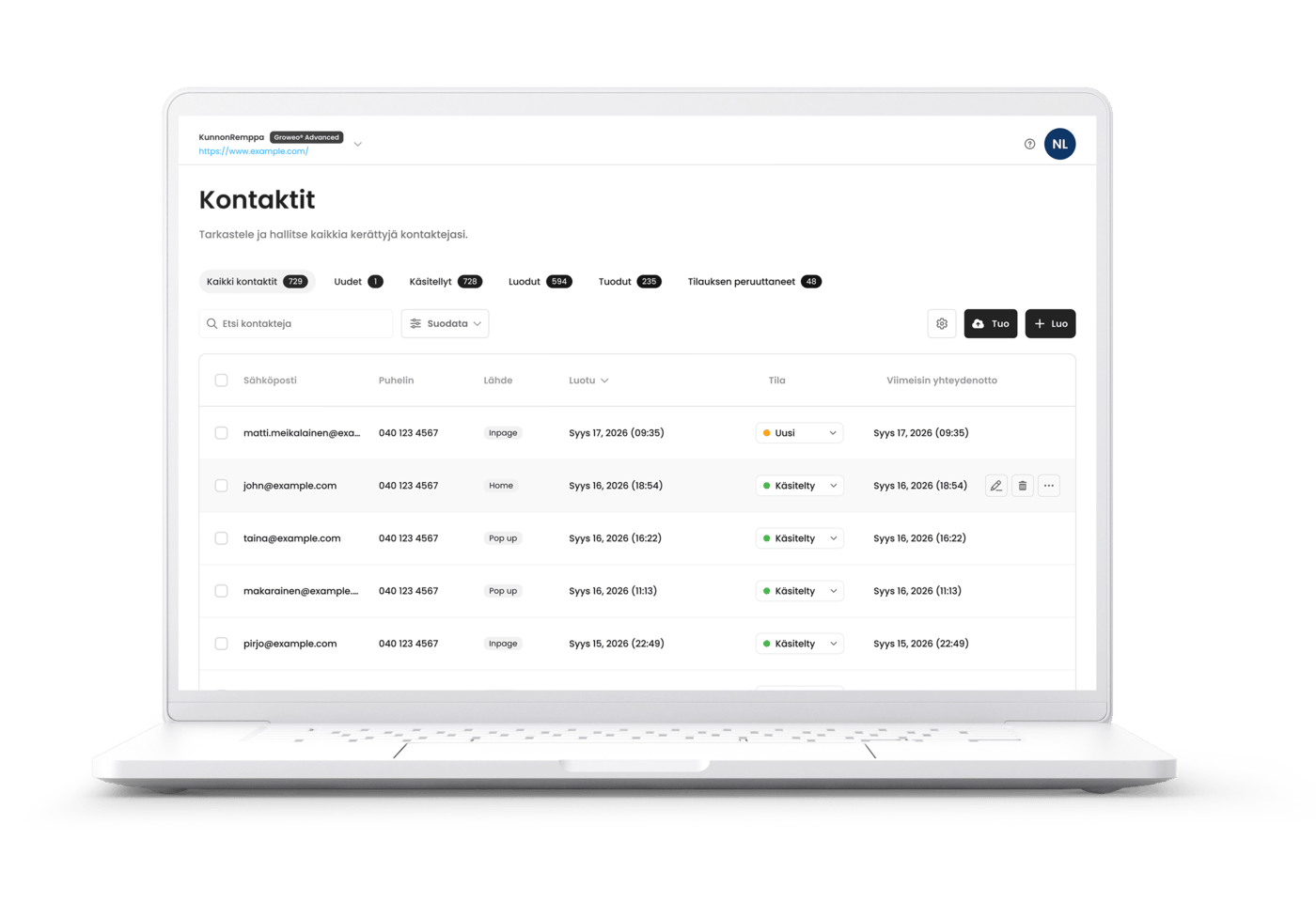 Myynnin ja markkinoinnin automaatio Groweo Sales Automation kerää ja segmentoi kontaktit. Kuvassa kontaktien hallintanäkymä desktopissa.